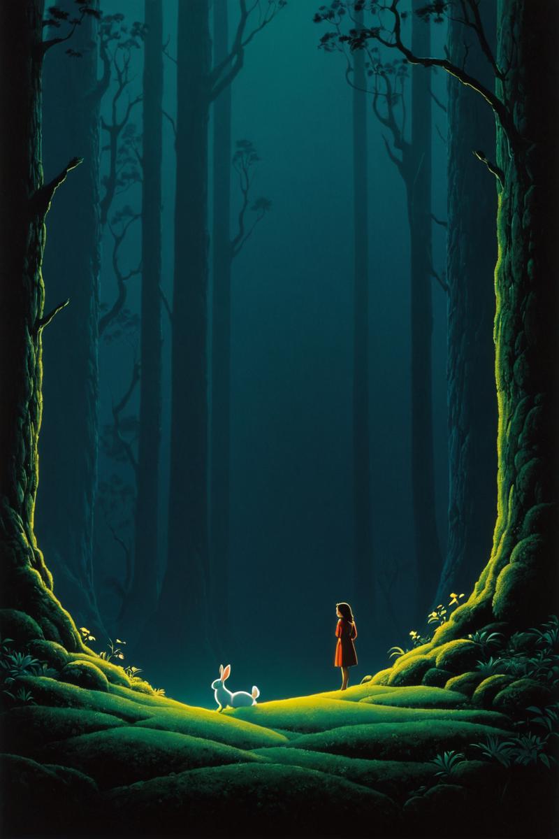 20240127055531 2648535866 by Eyvind Earle and Mark Keathleyin the style of Bess Hamiti, cute 18 year old woman and her bunny, movie still _lora_juggernaut.png